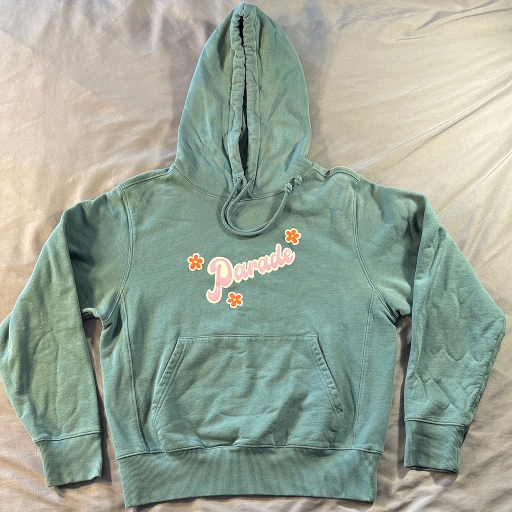 Parade Brand Hoodie Green Logo Flowers Comfy Loungewear Sz M 100% Cotton Cozy